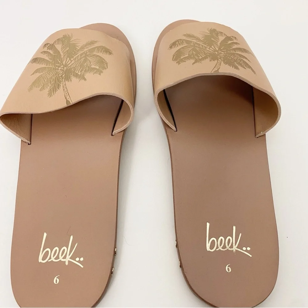 Beek Brazil Mockingbird Palm Tree Leather Sandals New Beach Tan Slides
